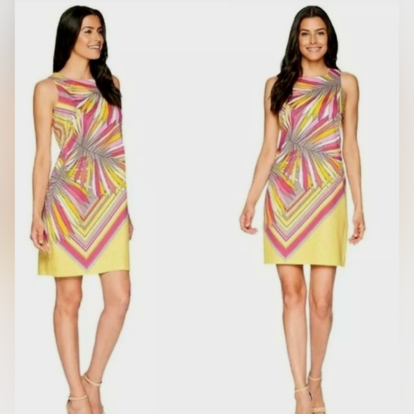 London Times Women's Stretch Cotton Palm Print Dress Colorful Yellow/Pink 10 NEW - Picture 13 of 16